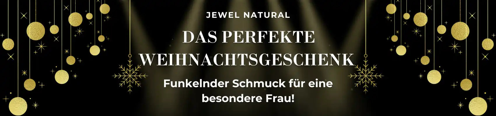 Banner-Werbung für Schmuck als Weihnachtsgeschenk, mit goldenen Ornamentdekorationen.